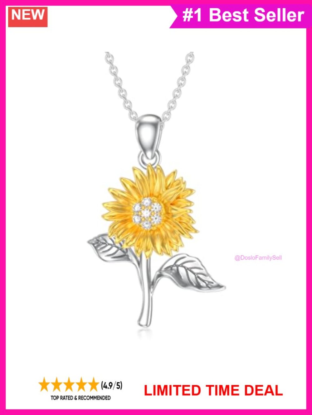 925 Sterling Silver Sunflower Pendant Necklace 18K Gold Plated Diamond
